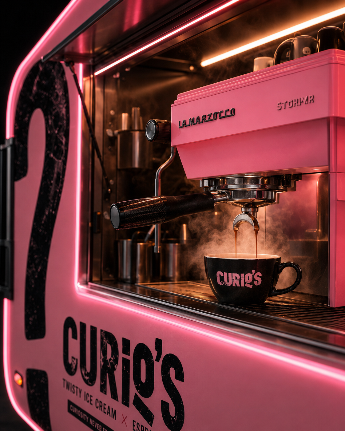Espresso pouring inside the CURIOS trailer